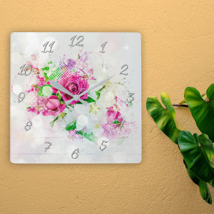 Romantische rosa Rose mit Bokeh und Glitzer auf We Quadratische Wanduhr