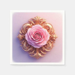 Romantische rosa Rose und goldenes Ornament Serviette