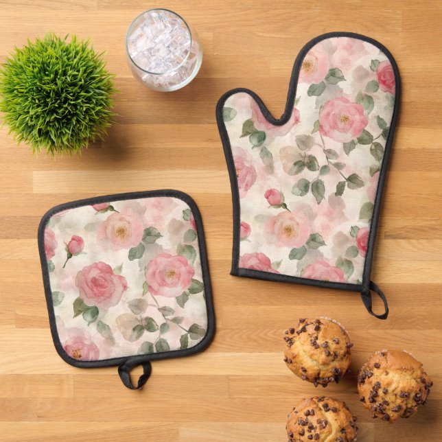 Romantische rosa Rosen Blumen  Ofenhandschuh & Topflappen-Set (Oben Unten)