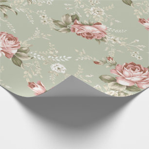 Romantische Rosa Rosen - Grüner Hintergrund Geschenkpapier