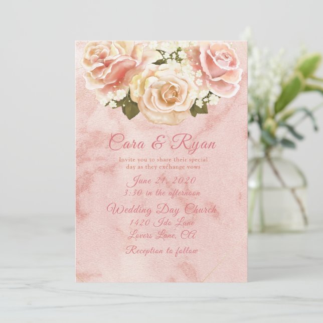 Romantische Rosa Rosen Hochzeitsfeier Einladung (Stehend Vorderseite)