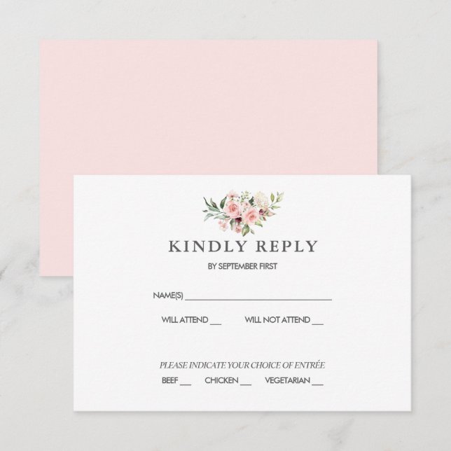 Romantische rosa Rosen Hochzeitsszenierung RSVP Re Einladung (Vorne/Hinten)