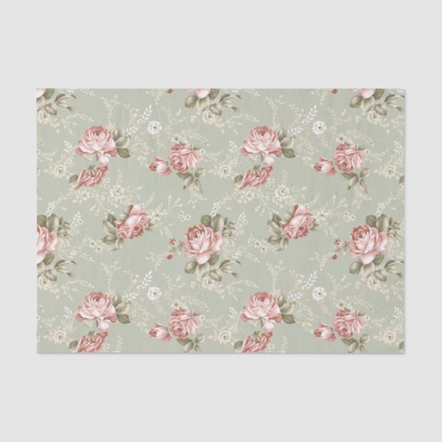 Romantische Rosa Rosen Rosen - Grüner Hintergrund Seidenpapier (Vorderseite)