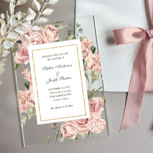 Romantische rosa Rosen und Gold Hochzeit Acryleinladungen