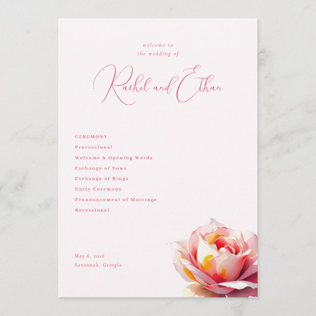 Romantische rosa Rosenhochzeit Programm (Vorderseite)