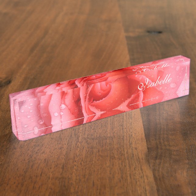 Romantische Rosa Rosentropfen Namensschild Namensplakette (Seite)