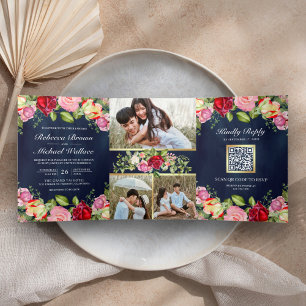 Romantische rosa Rote Rosen QR Code Navy Blue Wedd Dreifach Gefaltete Einladung