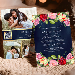 Romantische rosa Rote Rosen QR Code Navy Blue Wedd Einladung