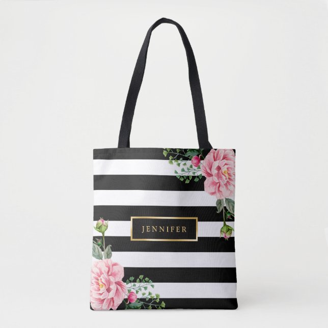 Romantische rosa Schwarz-weiße Streifen Tasche (Vorderseite)