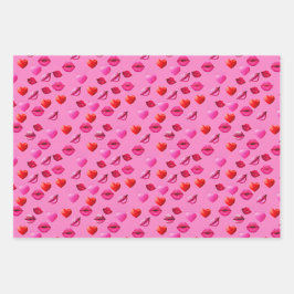 Romantische Rosa & Schwarze Herzen & Kisses Valent Geschenkpapier Set