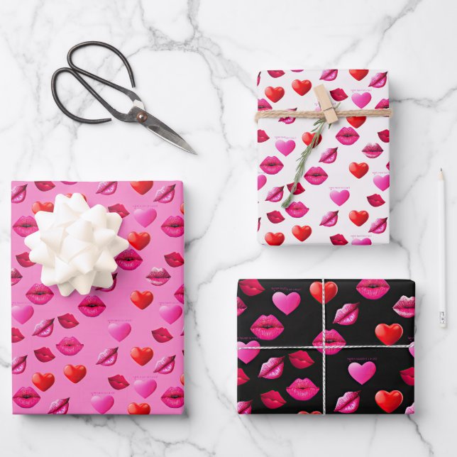 Romantische Rosa & Schwarze Herzen & Kisses Valent Geschenkpapier Set (Vorderseite)