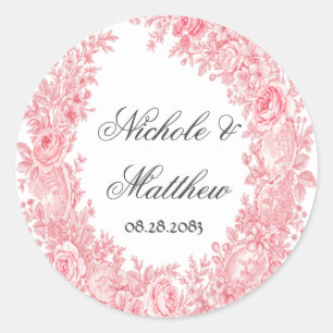 Romantische Rosa Toile Blume Hochzeit Runder Aufkleber