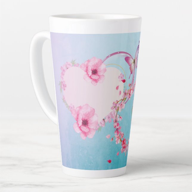 Romantische Rosa und blaue Blüte Große Latte Tasse (Linke Ecke)