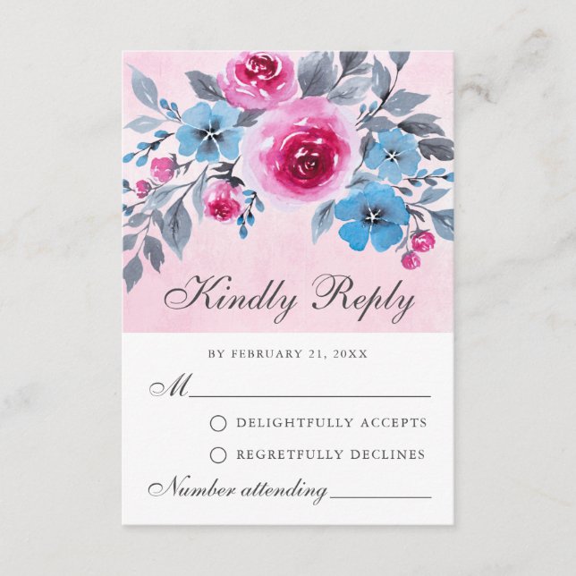 Romantische rosa und blaue RSVP-Karte Hinweiskarte (Vorderseite)