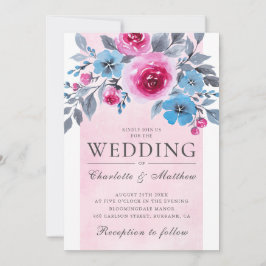 Romantische Rosa- und Blaufarbenblütenhochzeit Einladung