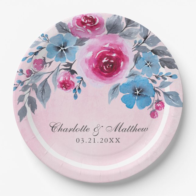 Romantische Rosa- und Blaufarbenblütenhochzeit Pappteller (Vorderseite)