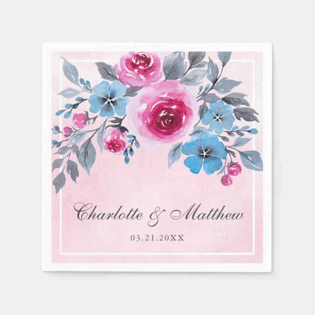 Romantische Rosa- und Blaufarbenblütenhochzeit Serviette (Vorderseite)