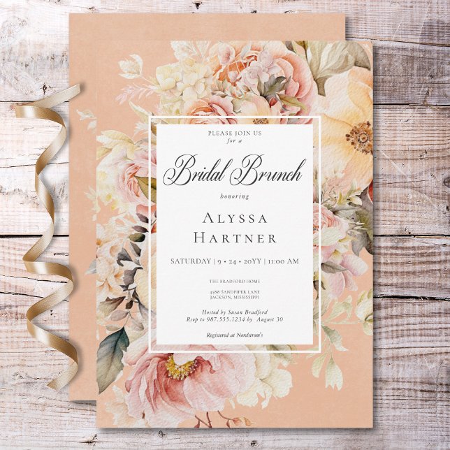 Romantische Rosa und Blüten Rose Peach Bridal Brun Einladung (Romantic Pink & Blush Roses Peach Bridal Brunch Invitation)