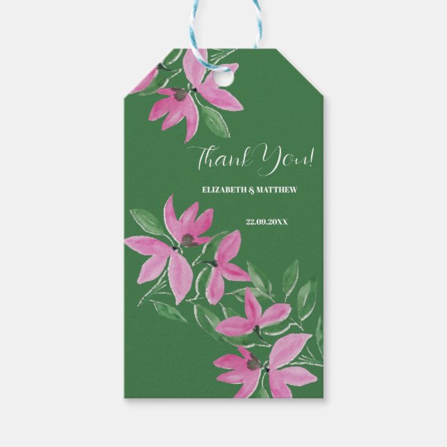 Romantische rosa und grüne Wildblumen Aquarellkuns Geschenkanhänger (Vorderseite)