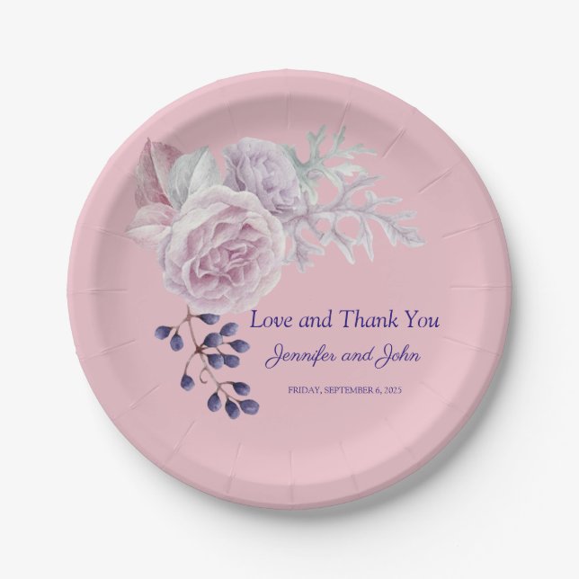 Romantische Rosa- und Lila-Peonies-Hochzeiten Pappteller (Vorderseite)