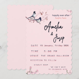 Romantische rosa Vogel-Hochzeitseinladung – Elegan Einladung