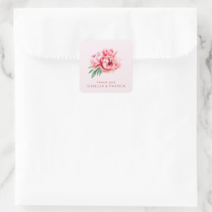 Romantische rosa Wasserfarben-Pfingstrosen Quadratischer Aufkleber