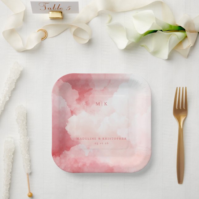 Romantische rosa Wasserfarbenwolken Pappteller (Hochzeit)