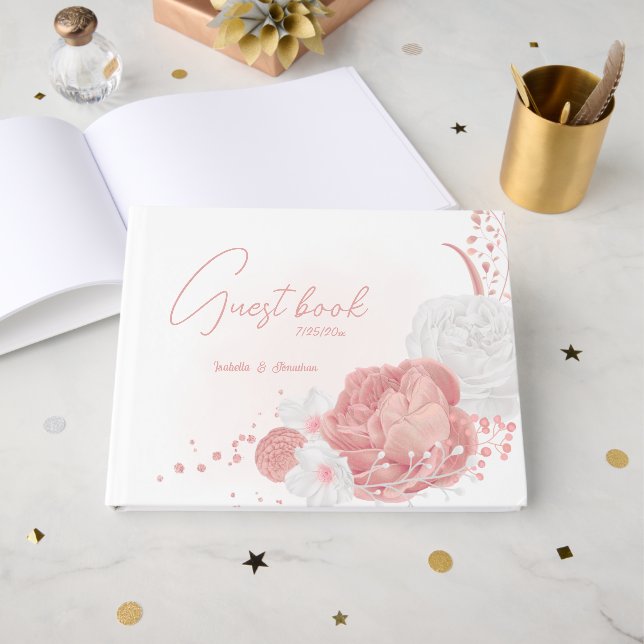 romantische Rosa-Weiß-Blume botanische Hochzeit Gästebuch (Vorderseite Offen)