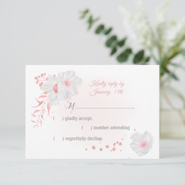 romantische rosa-weiße Blume botanisch RSVP Karte (Stehend Vorderseite)
