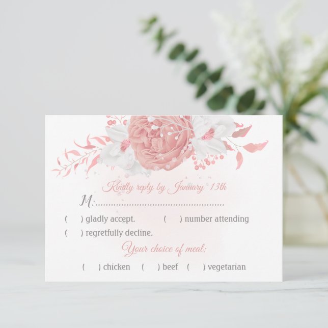 Romantische rosa weiße Blume botanische Speisen RSVP Karte (Stehend Vorderseite)
