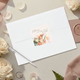 Romantische Rosafarben Gemalte Florale Hochzeit Quadratischer Aufkleber