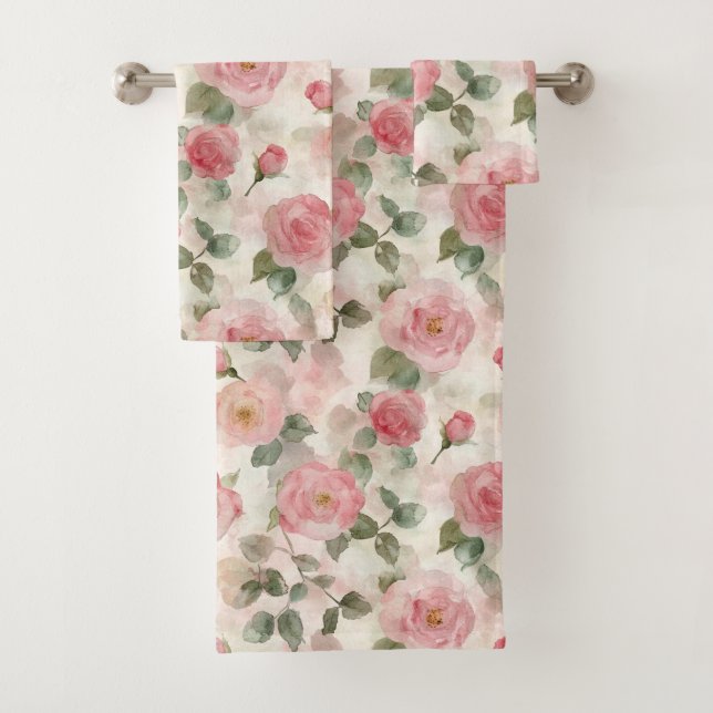 Romantische rosafarbene Rosen Blumen  Badhandtuch Set (Insitu)