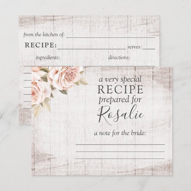 Romantische Rose aus rustikalem Holz Rezeptkarte f Einladung (Vorne/Hinten)