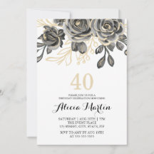 Romantische Rose Black & Gold Geburtstagseinladung