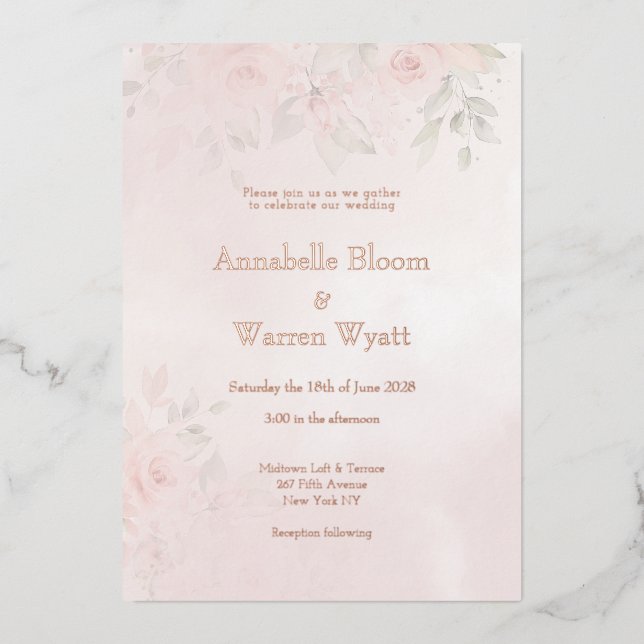 Romantische Rose Blush Garden 2 mit Rose Gold Folieneinladung (Vorderseite)