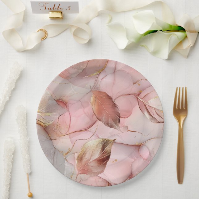 Romantische Rose Blush Pink Gold Leaf Brautparty Pappteller (Hochzeit)