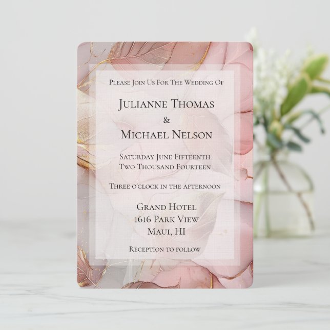 Romantische Rose Blush Pink Gold Leaf Hochzeit Einladung (Stehend Vorderseite)