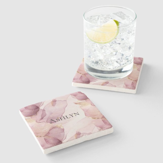 Romantische Rose Blush Pink Gold Leaf Steinuntersetzer (Seitenansicht)