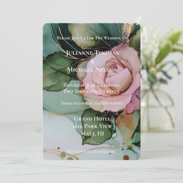 Romantische Rose Blush Pink Goldfloralhochzeit Einladung (Stehend Vorderseite)