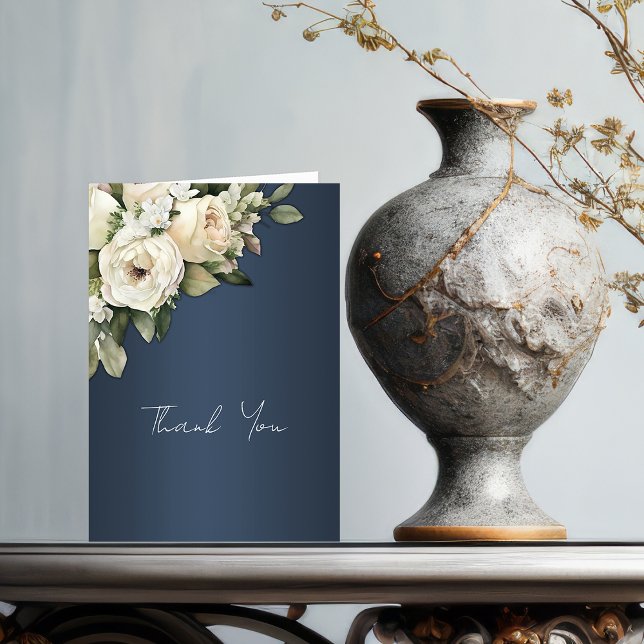 Romantische Rose, Boho Dusty Blue Wedding Dankeskarte (Von Creator hochgeladen)