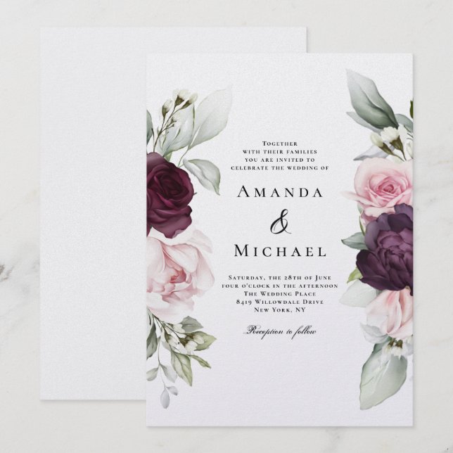 Romantische Rose Botanische Hochzeit Einladung (Vorne/Hinten)