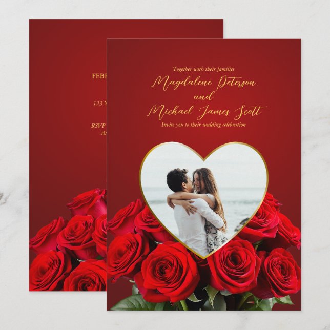 Romantische Rose Bouquet Herz Rahmen Foto Hochzeit Einladung (Vorne/Hinten)