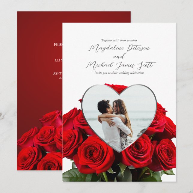 Romantische Rose Bouquet Herz Rahmen Foto Hochzeit Einladung (Vorne/Hinten)