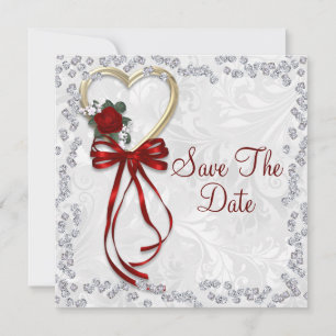 Romantische Rose, Diamanten und rote Schleife Hoch Save The Date
