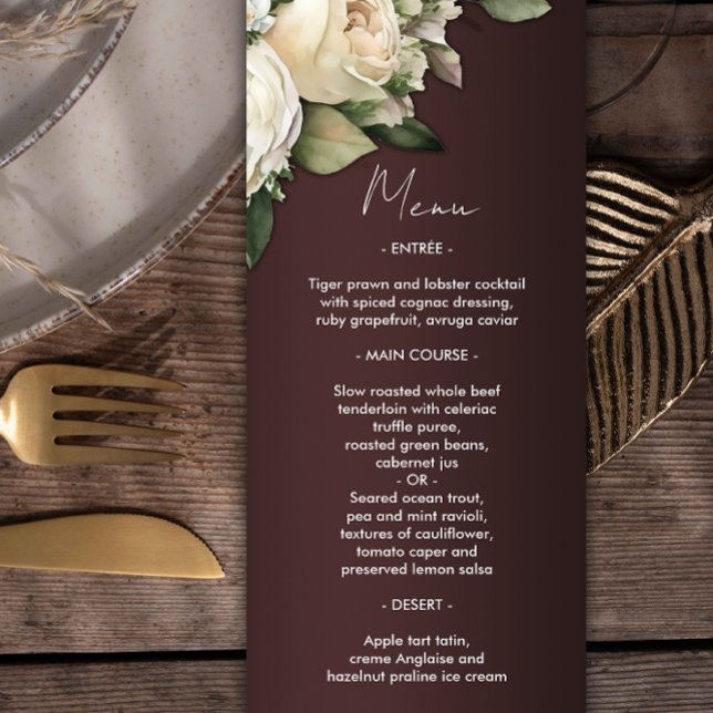 Romantische Rose Dunkler Burgund Hochzeit Menükarte (Von Creator hochgeladen)