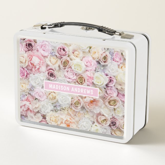 Romantische Rose Girly Chic Personalisierter Name Metall Brotdose (Rückseite)