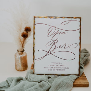 Romantische Rose Gold Calligraphy Open Bar Sign Poster