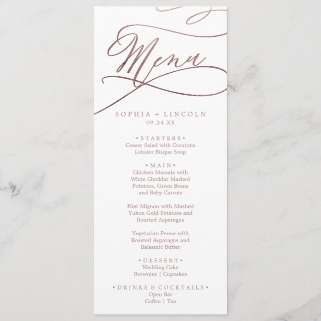 Romantische Rose Gold Calligraphy Wedding Dinner M Menükarte (Vorderseite)