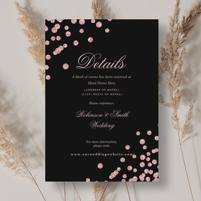 Romantische Rose Gold Confetti Wedding Details Sch Begleitkarte (Romantic Rose Gold Confetti Wedding Details Black Enclosure Card)