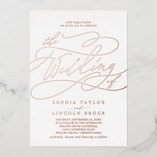 Romantische Rose Gold Foil Blühte die Hochzeit von Folieneinladung (Vorderseite)